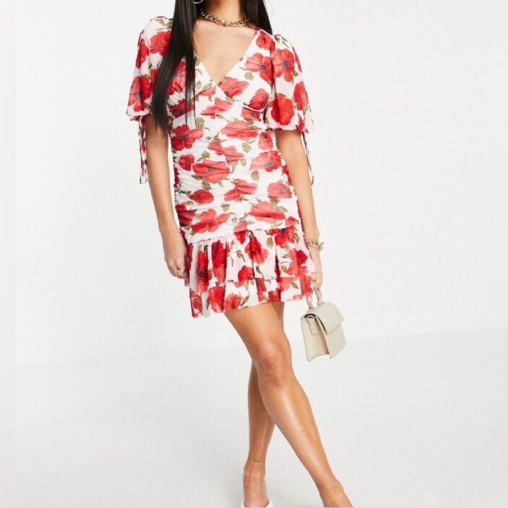 ASOS DESIGN Floral Puff Sleeve Ruched Peplum Skater Mini Dress Size 12